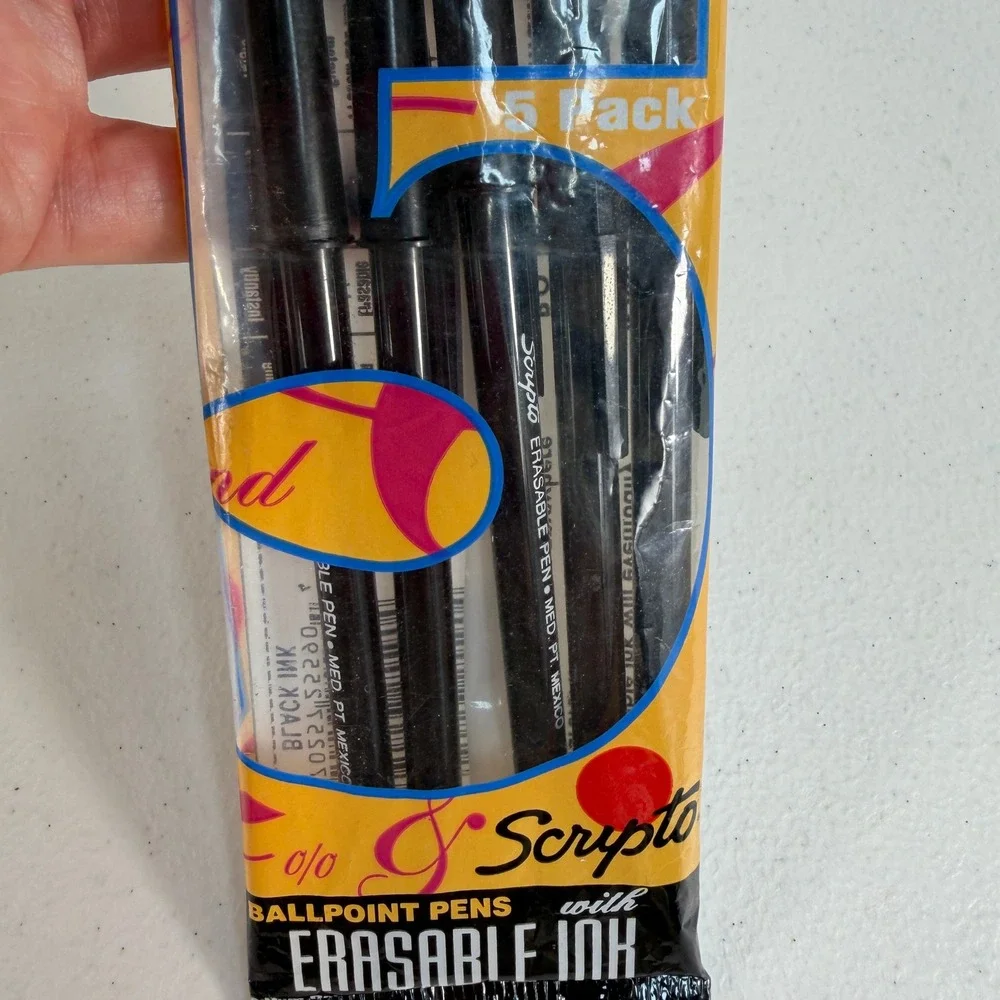 Scripto 5 Pack Ballpoint Pens Erasable Ink Medium Pt Vintage 1993 Black No 25590